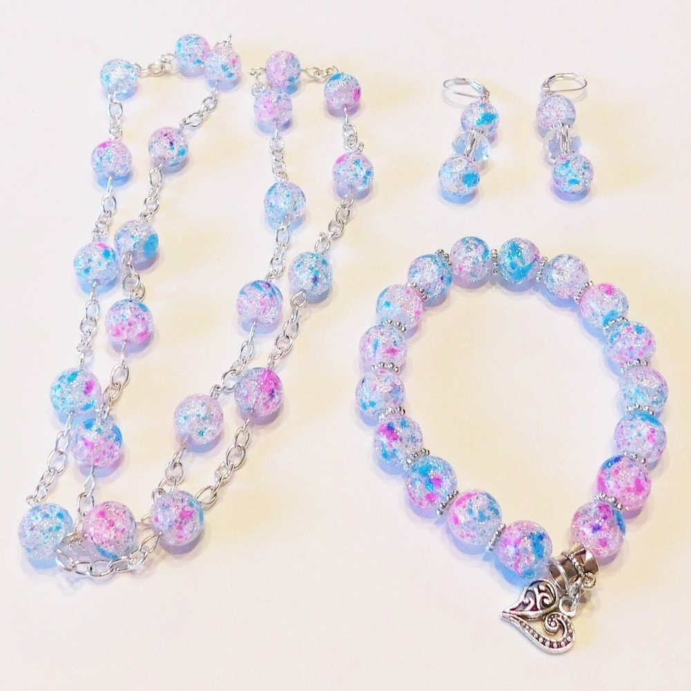 Handmade Pink & Turquoise Glass Confetti Beaded Necklace, Bracelet & Ear…